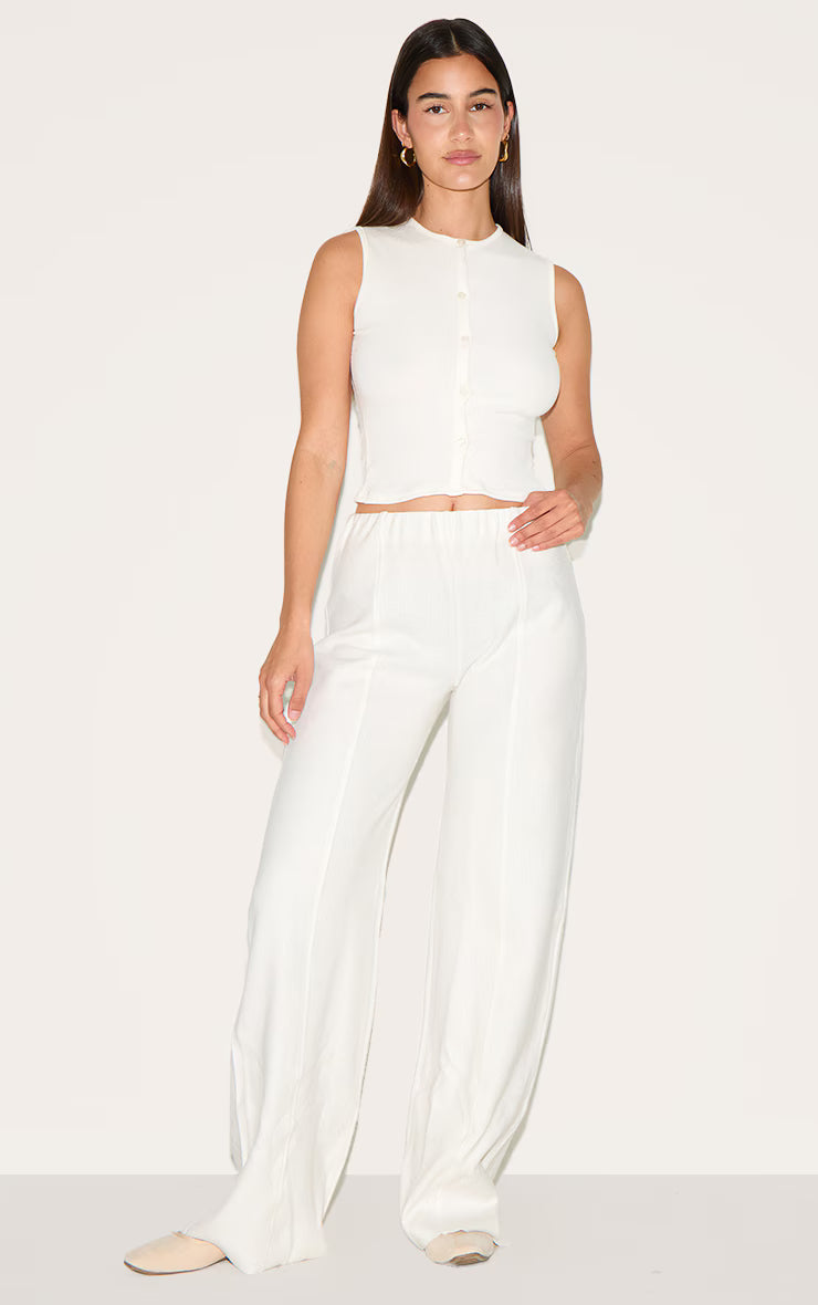 Cream Soft Ribbed Straight Leg Pants