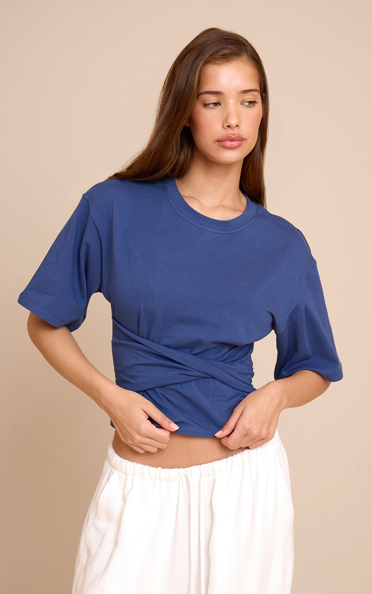 Blue Cotton Wrap Front T Shirt