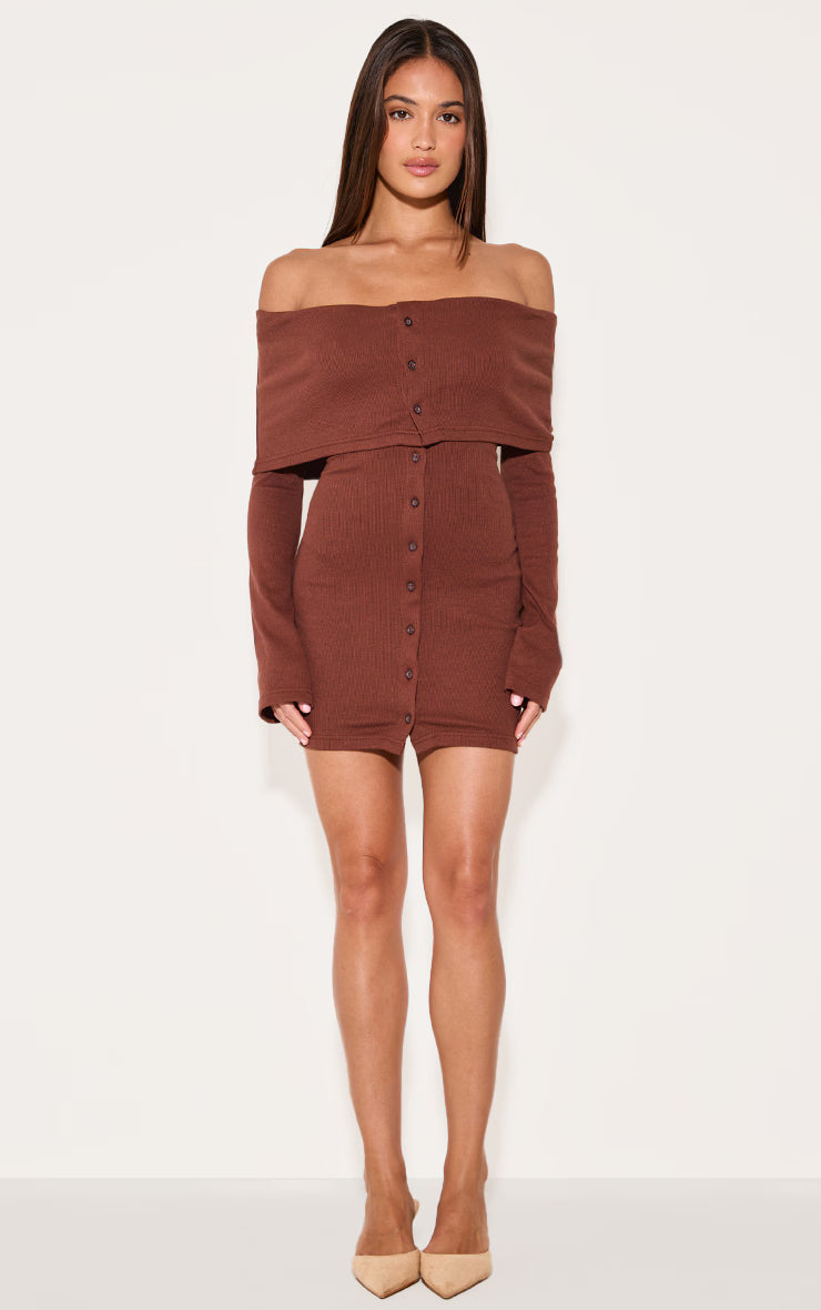 Chocolate Rib Fold Over Bardot Button Mini Dress