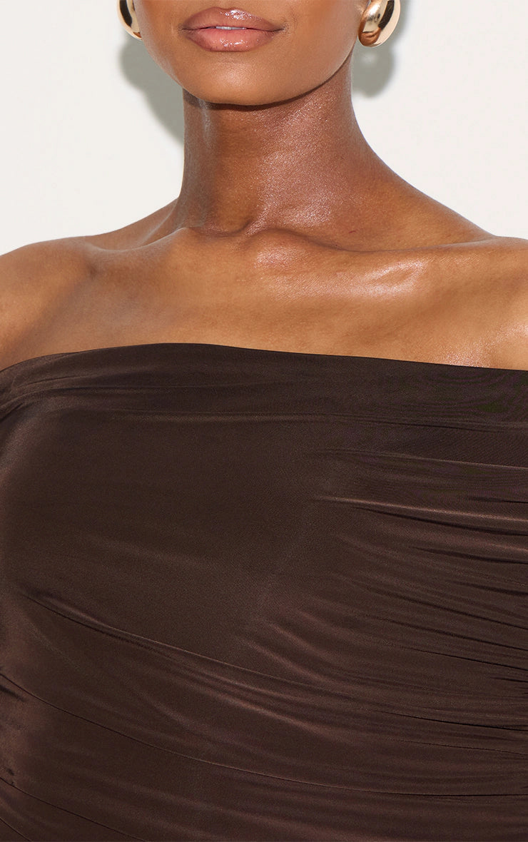 Chocolate Brown Double Layer Slinky Bardot One Shoulder Ruched Maxi Dress