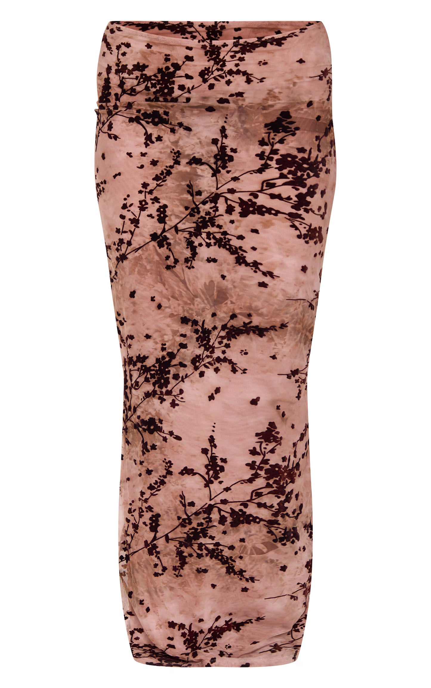 Mauve Floral Print Devore Mesh Ruched Maxi Skirt