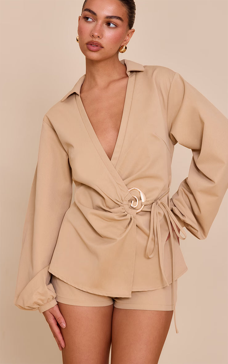 Sand Woven Tie Front Gold Hardware Detail Shirt