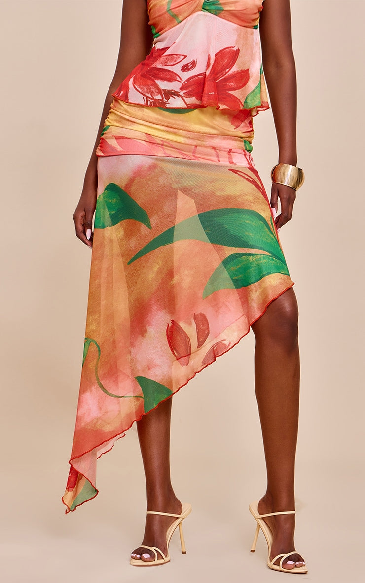 Multi Print Mesh Asymmetric Midi Skirt