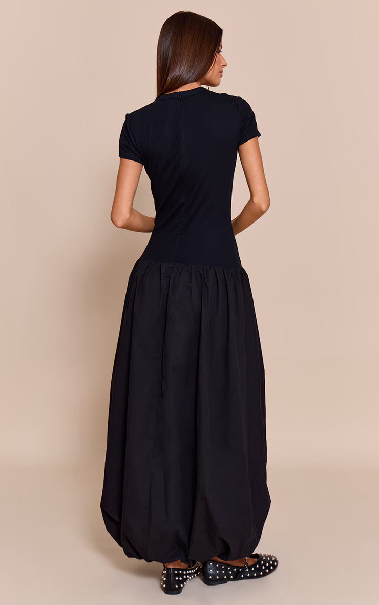 Black Dropped Waist T Shirt Puff Ball Hem Maxi Dress