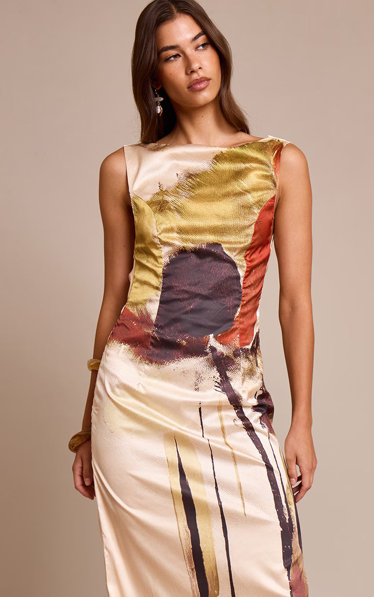 Cream Floral Printed Satin Maxi Dress
