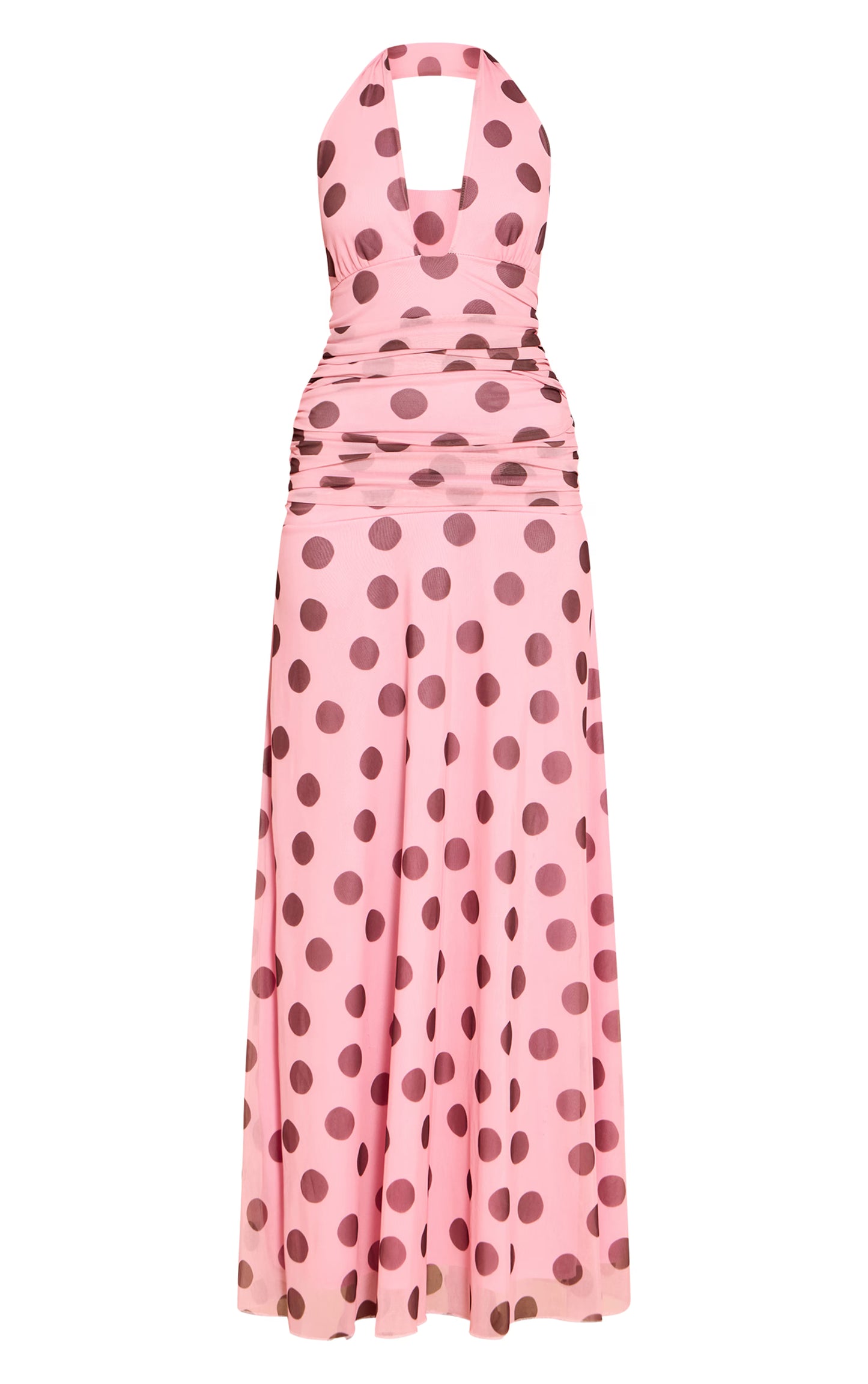 Pink Polka Dot Chiffon Halterneck Maxi Dress