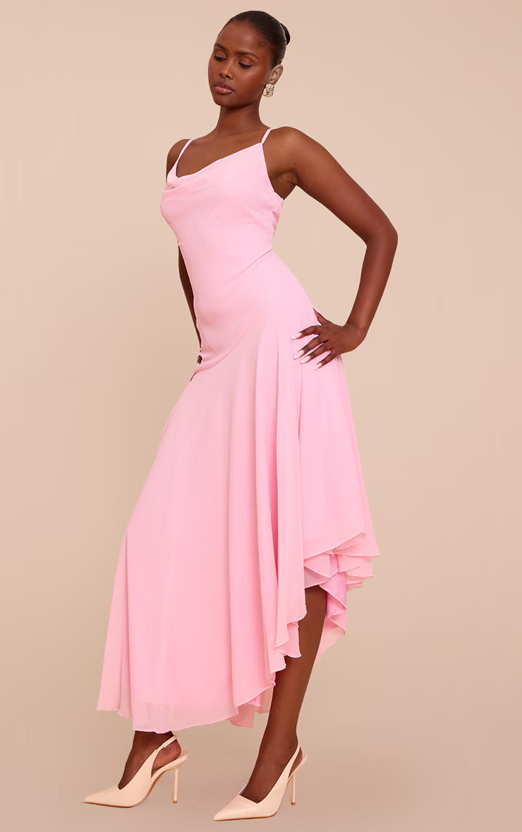 Baby Pink Strappy Cowl Neck Maxi Dress