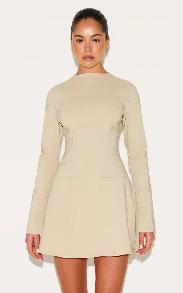 Beige Woven Boat Neck Flare Sleeve Shift Dress