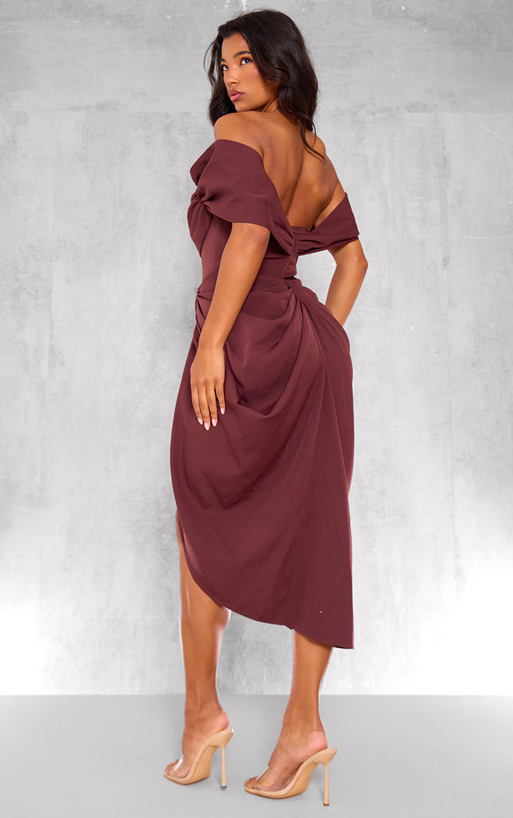 Chocolate Corset Bardot Draped Midi Dress