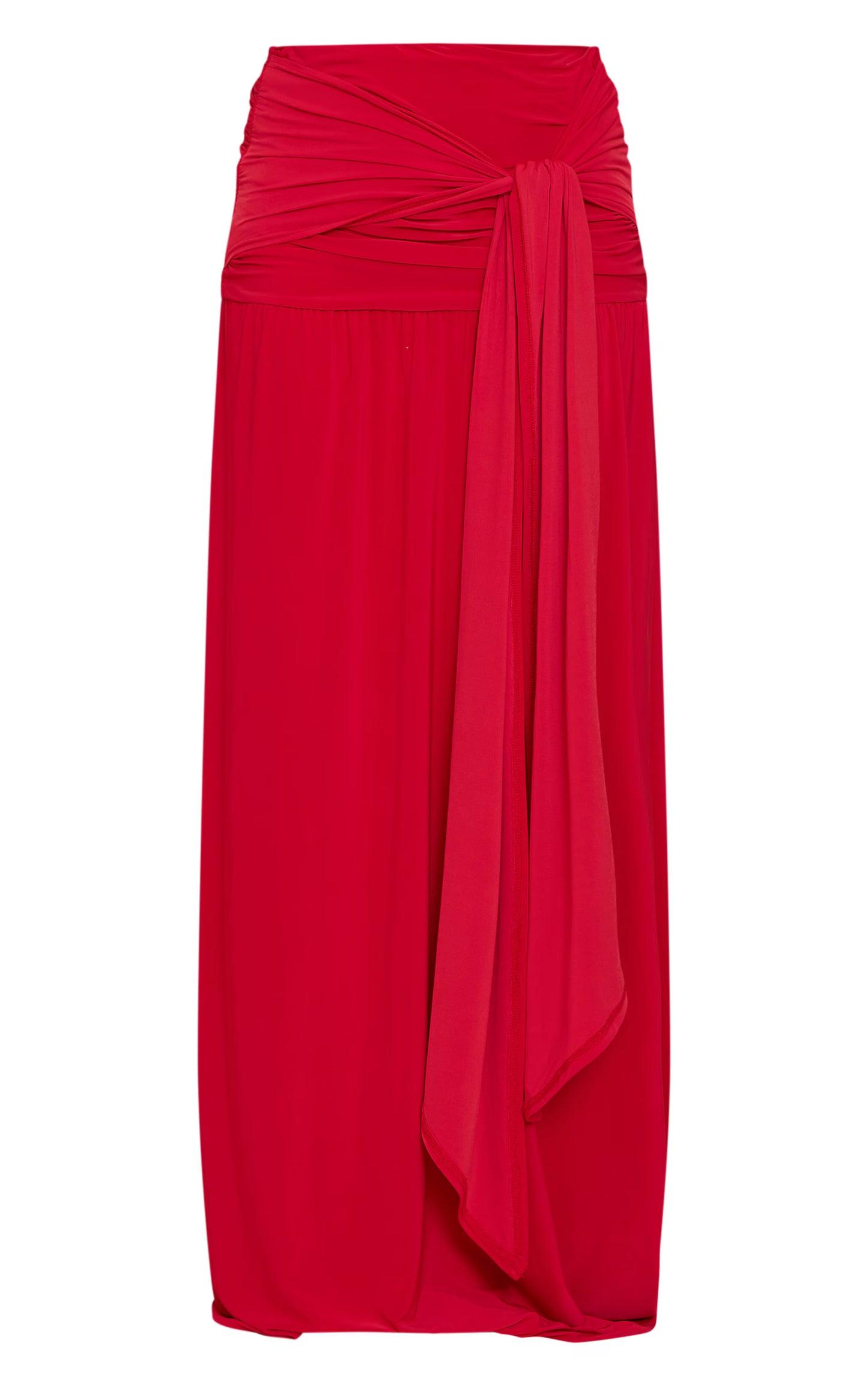 Tomato Red Double Layer Slinky Knot Drape Maxi Skirt