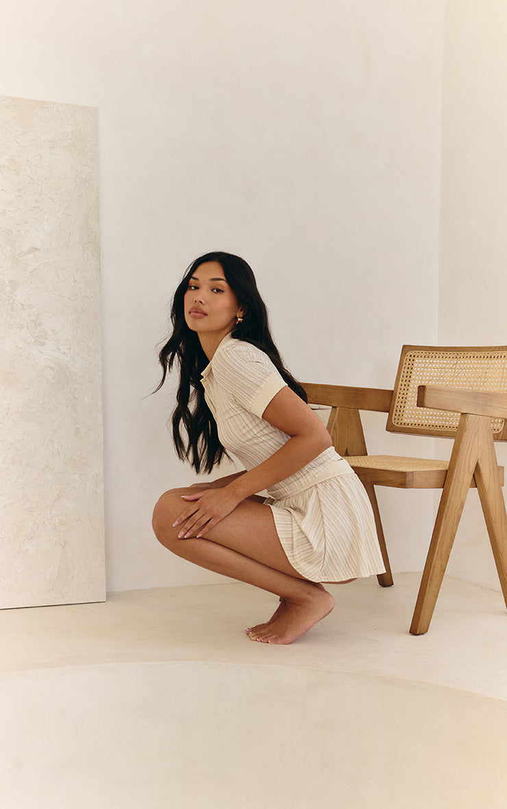 Cream Textured Button Detail Mini Skort
