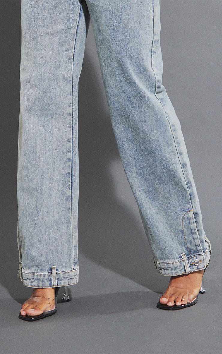 Mid Blue Wash Waistband Detail Hem Straight Leg Jeans