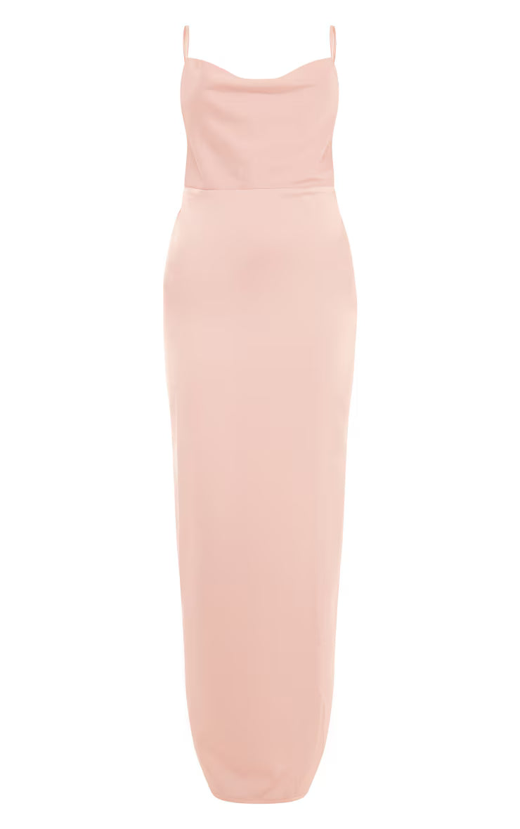 Rose Satin Cowl Neck Midi Dress