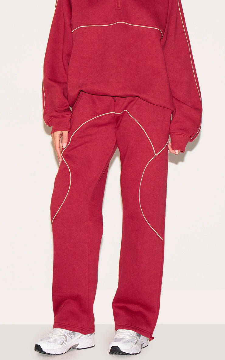 Red Oversized Contrast Piping Straight Leg Sweatpants