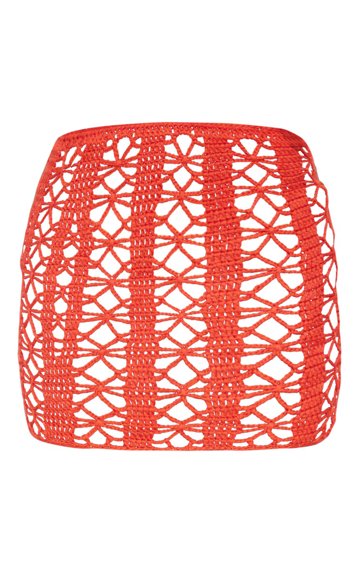 Rust Flower Contrast Crochet Mini Skirt