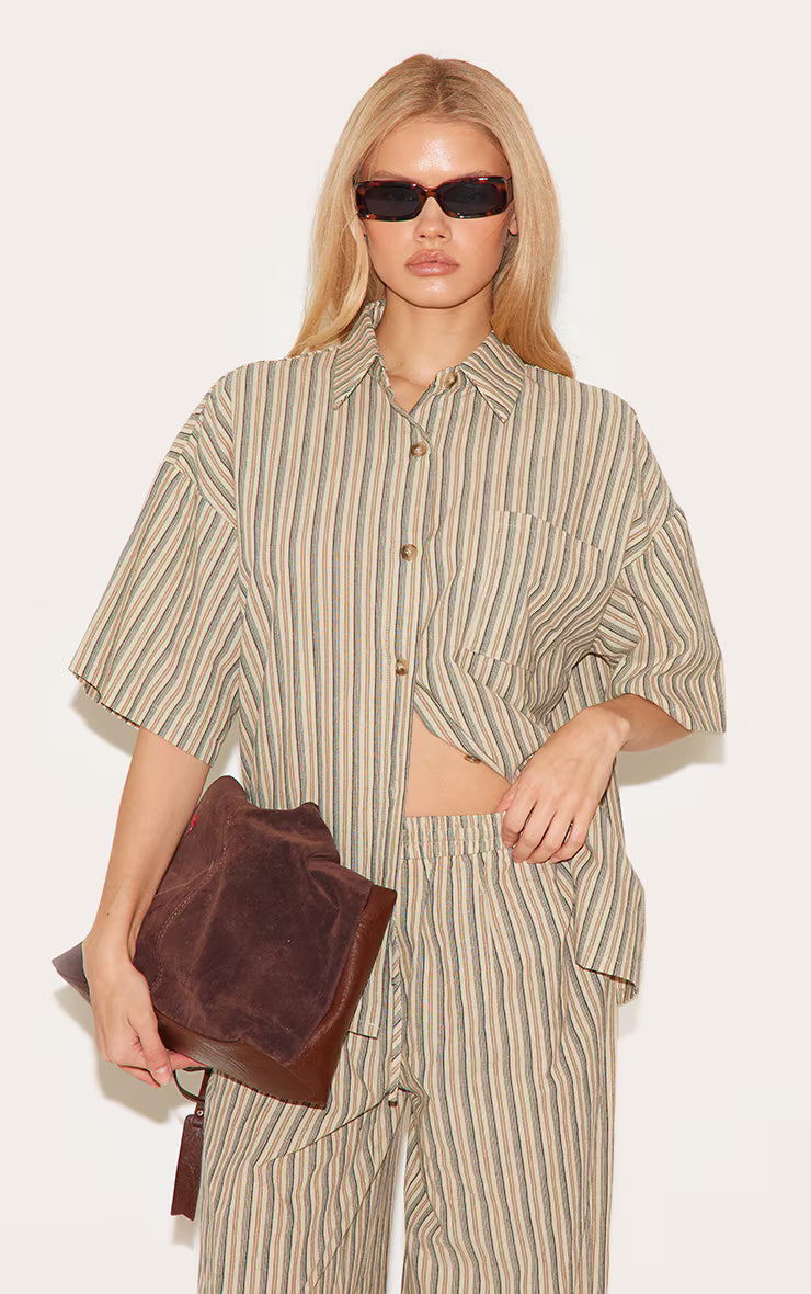 Green Pinstripe Drawstring Straight Leg Pants
