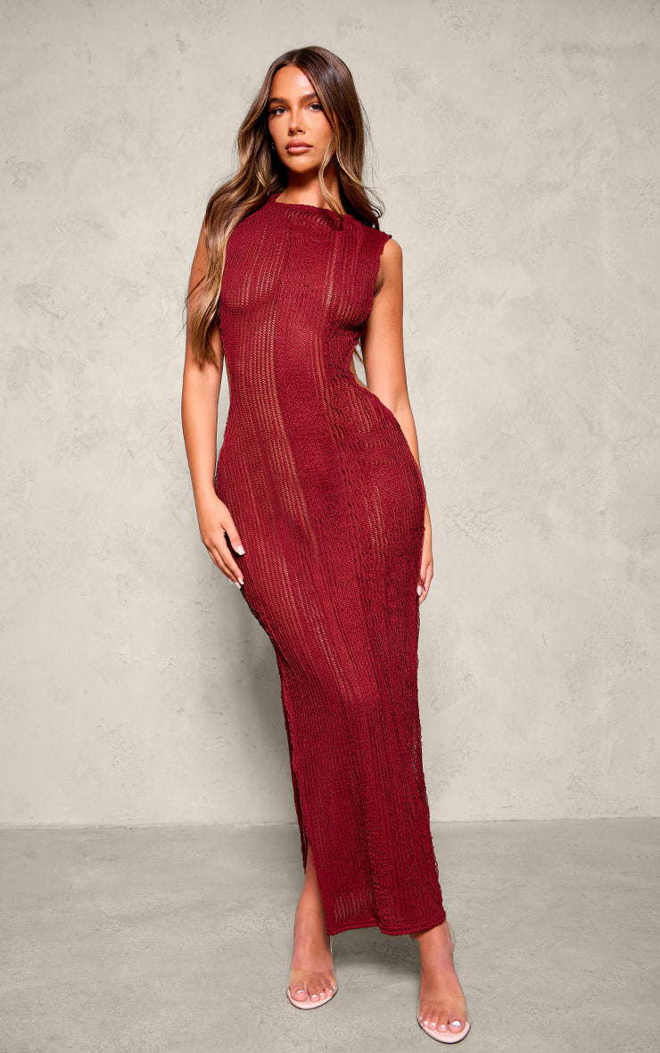 Burgundy Texture Extreme Back Cut Out Maxi Dress