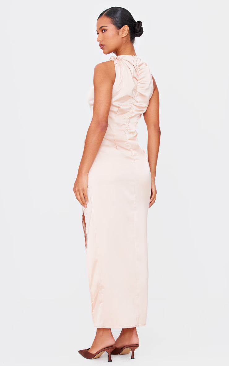 Champagne Satin High Neck Ruched Back Detail Midi Dress