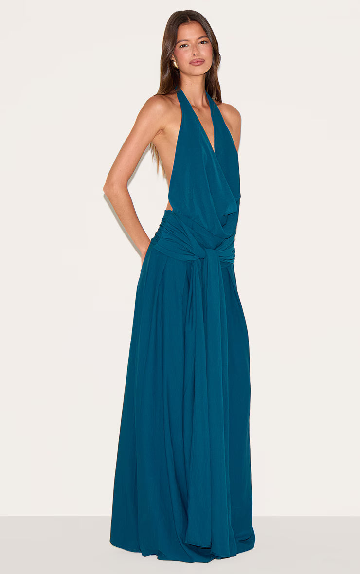 Teal Floaty Woven Cowl Neck Low Back Maxi Dress
