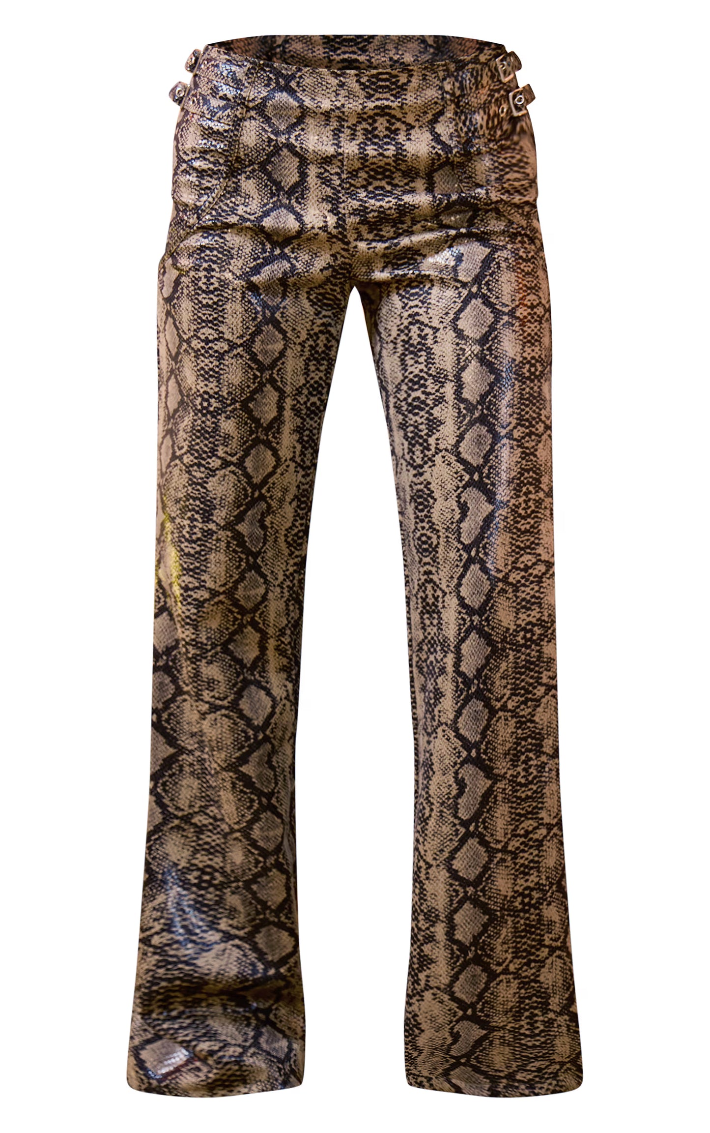 Brown Snake Print Faux Leather Belt Detail Pants