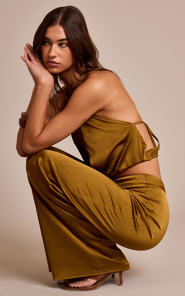 Dark Chartreuse Crinkle Satin High Waisted Wide Leg Pants