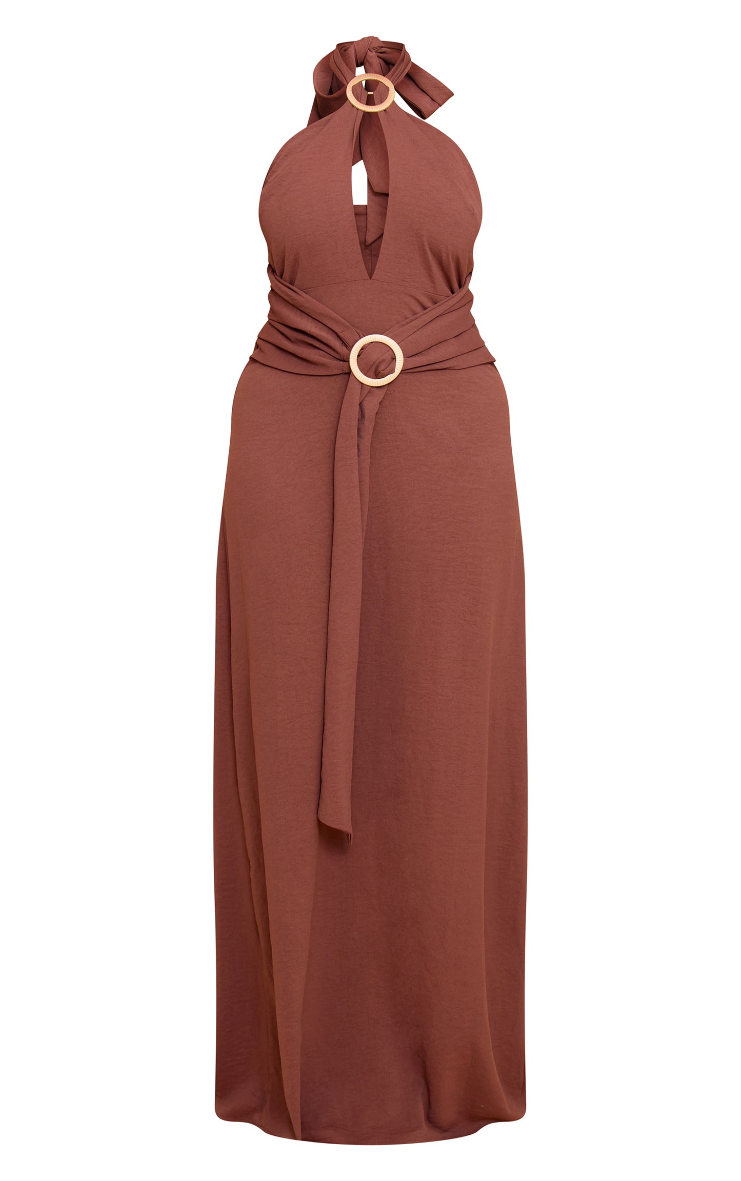 Shape Chocolate Hammered Satin Ring Detail Halter Maxi Dress