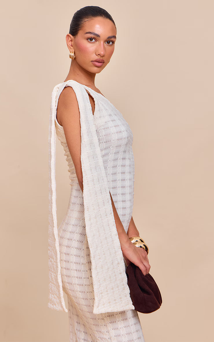 Cream Textured One Shoulder Drape Detail Maxi Dress