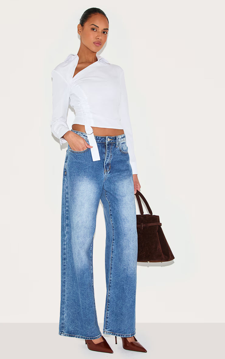 White Ruched Buckle Asymmetric Shirt