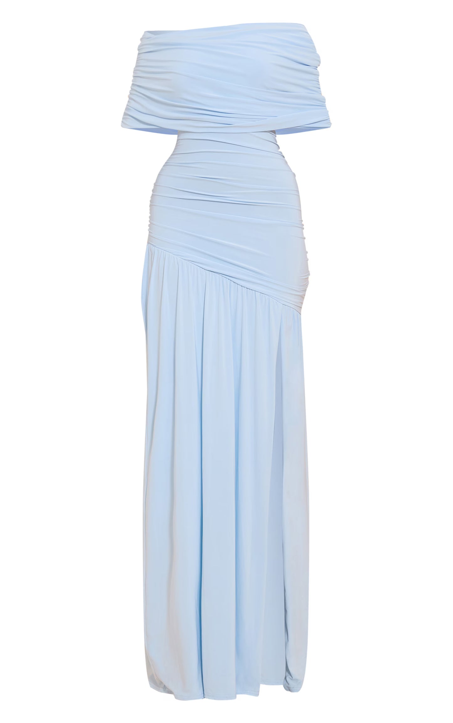 Blue Double Layer Slinky Bardot One Shoulder Ruched Maxi Dress