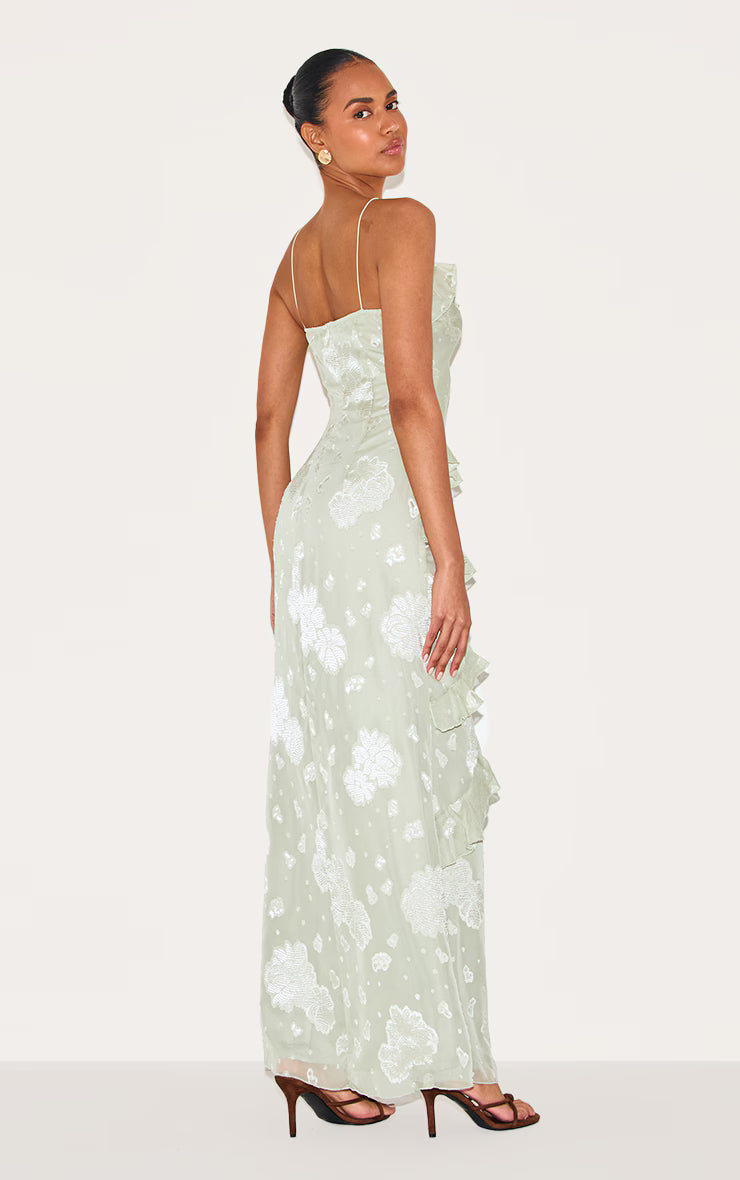 Sage Green Embroidered Frill Maxi Dress