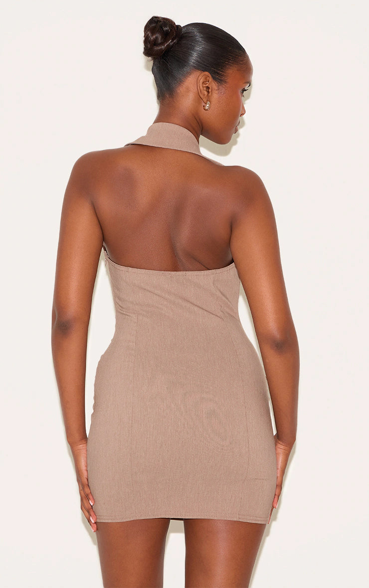 Taupe Asymmetric Button Down Collar Detail Bodycon Dress