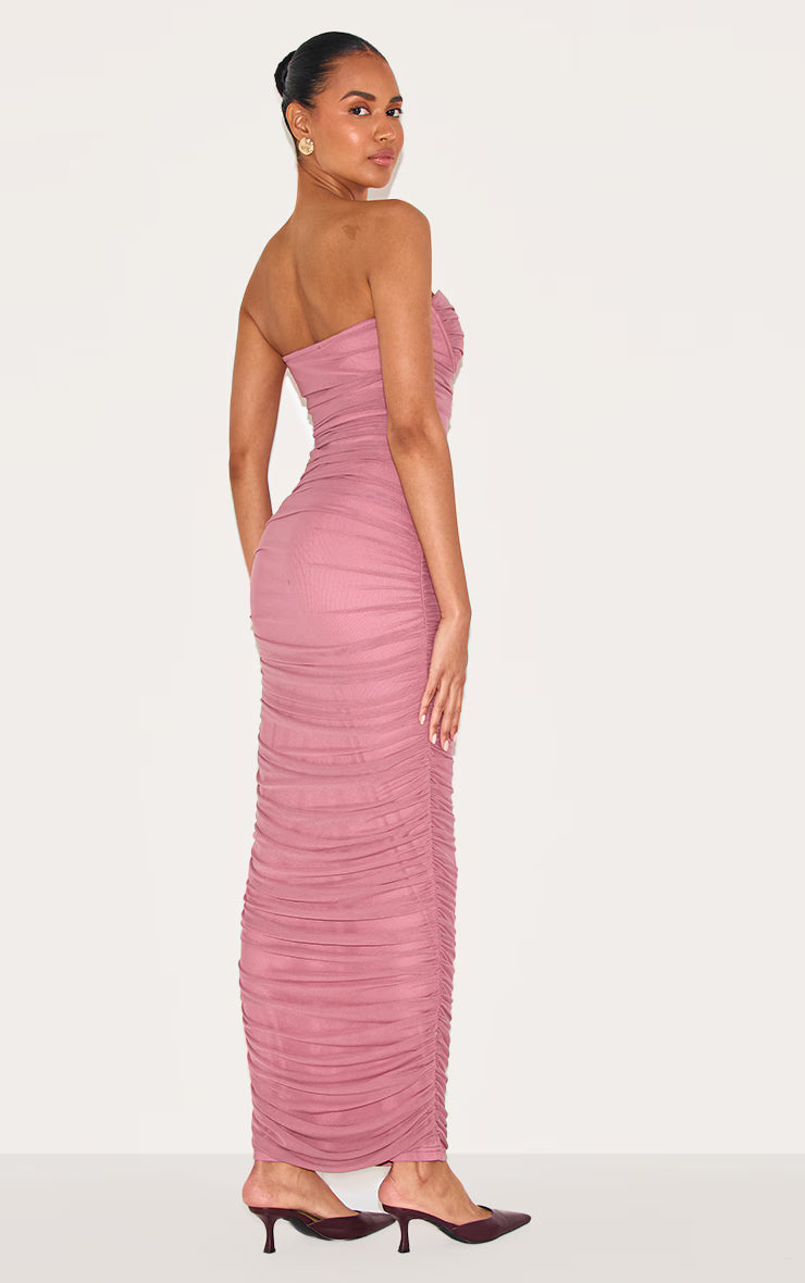 Blush Rose Mesh Ruched Bandeau Maxi Dress