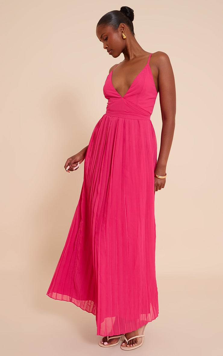 Fuschia Chiffon Strappy Pleated Belt Detail Maxi Dress