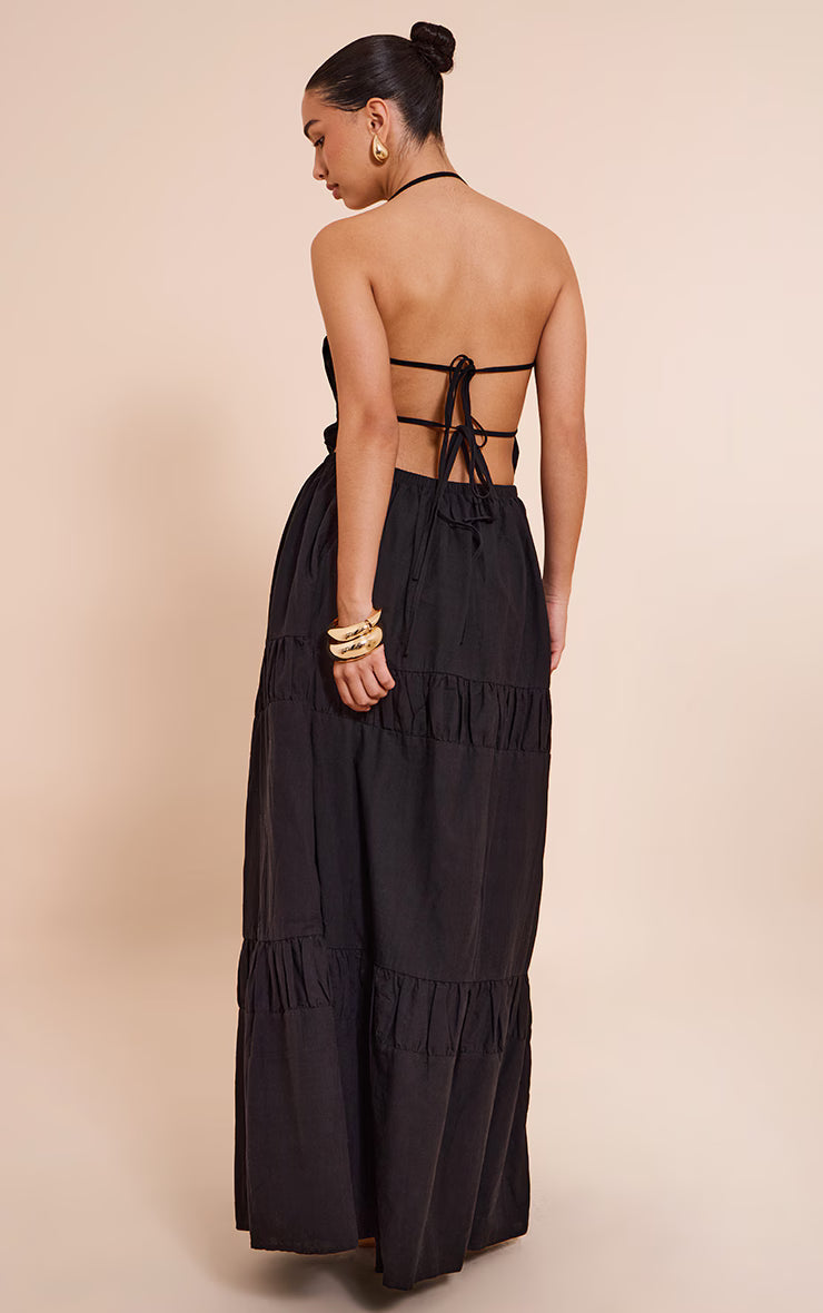 Black Ruched Backless Strappy Maxi Dress