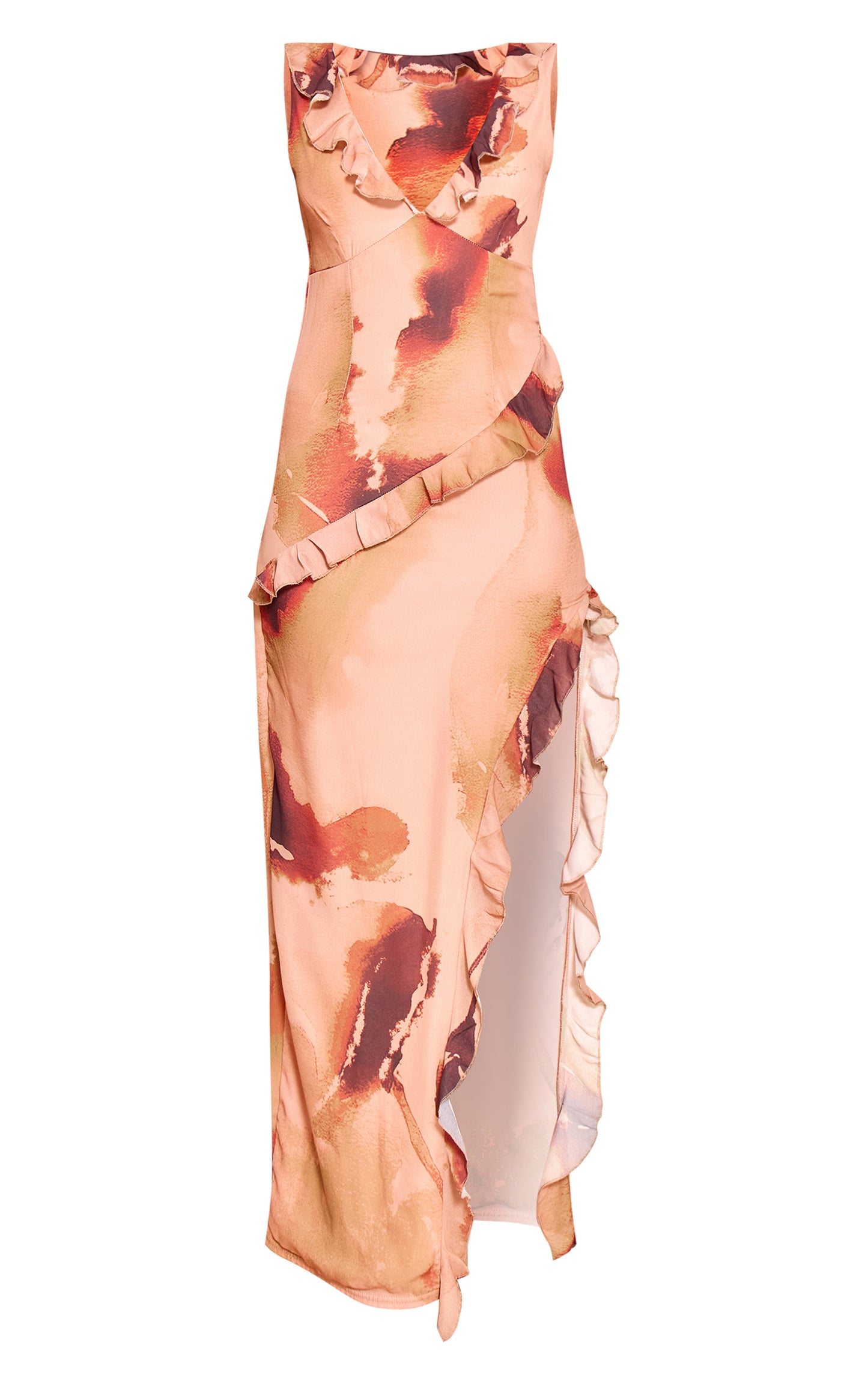 Chocolate Floral Asymmetric Frill Split Maxi Dress