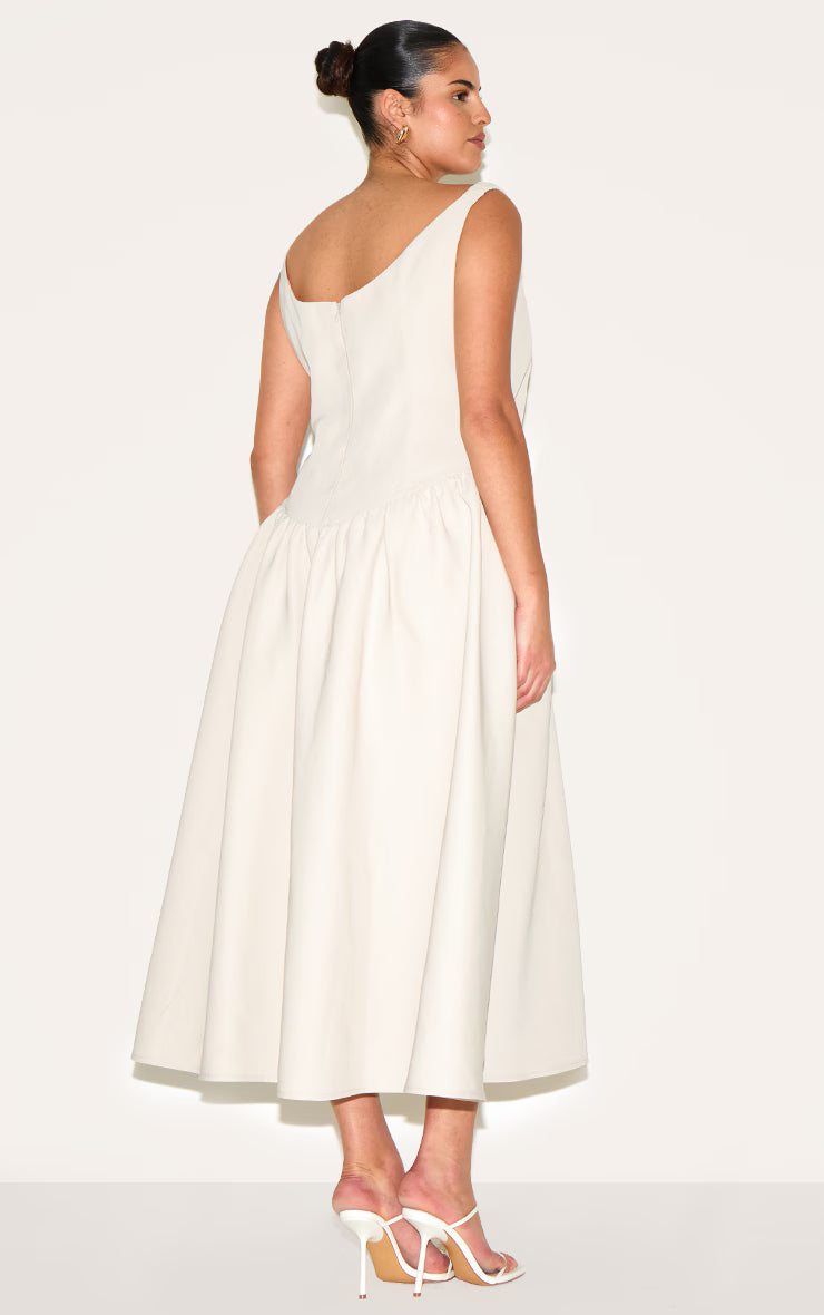 Plus Cream Woven Dipped Bardot Ruched Midaxi Dress