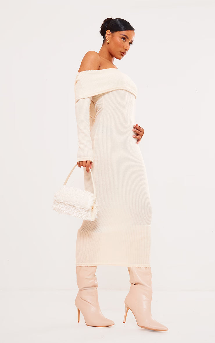 Cream Brush Rib Bow Detail Midi Dress