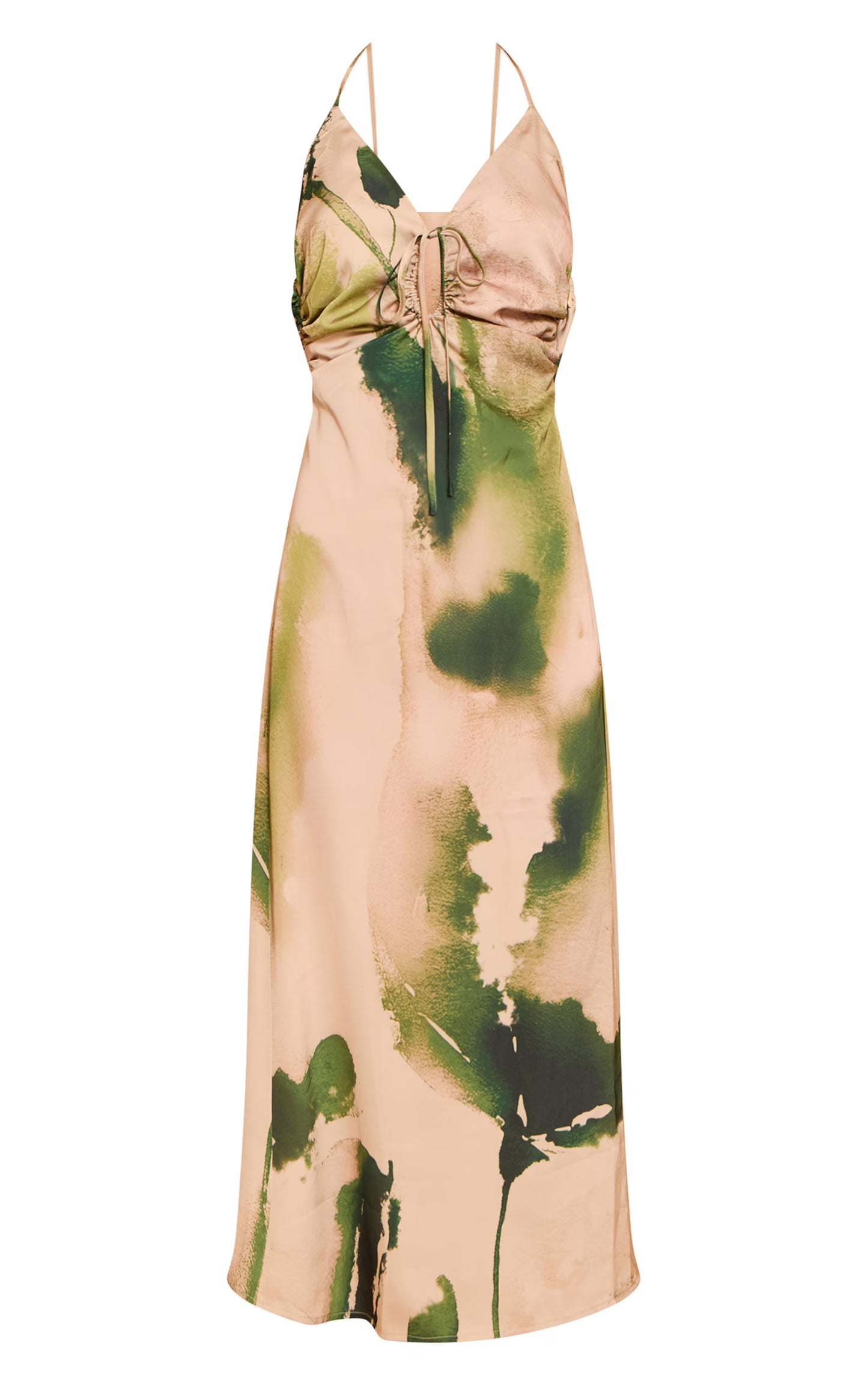 Green Floral Satin Tie Front Maxi Dress