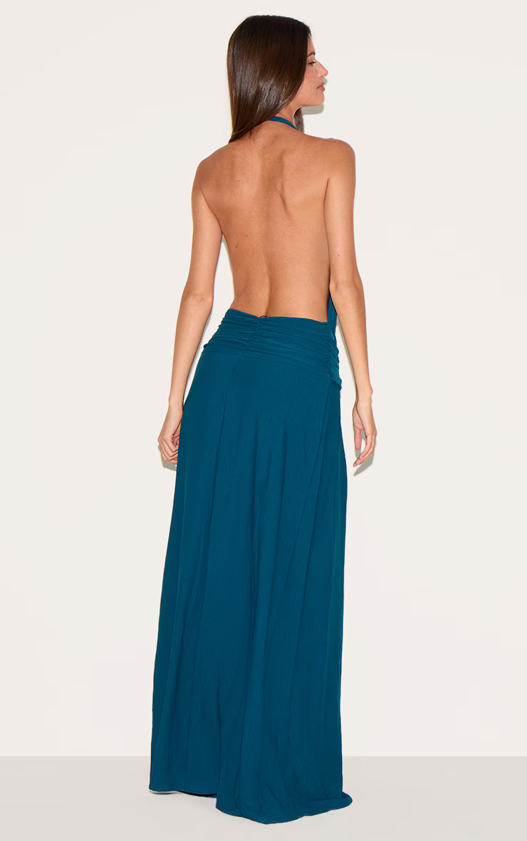 Teal Floaty Woven Cowl Neck Low Back Maxi Dress