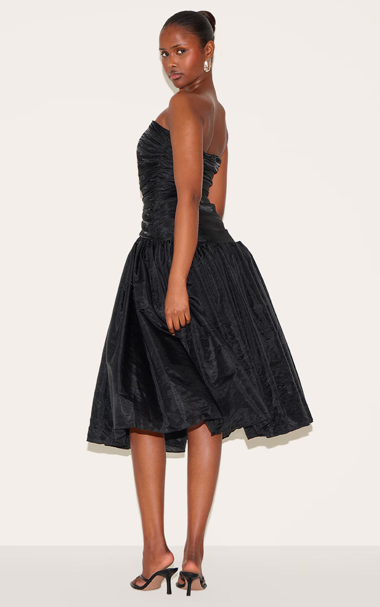 Black Organza Ruched Bodice Midi Dress