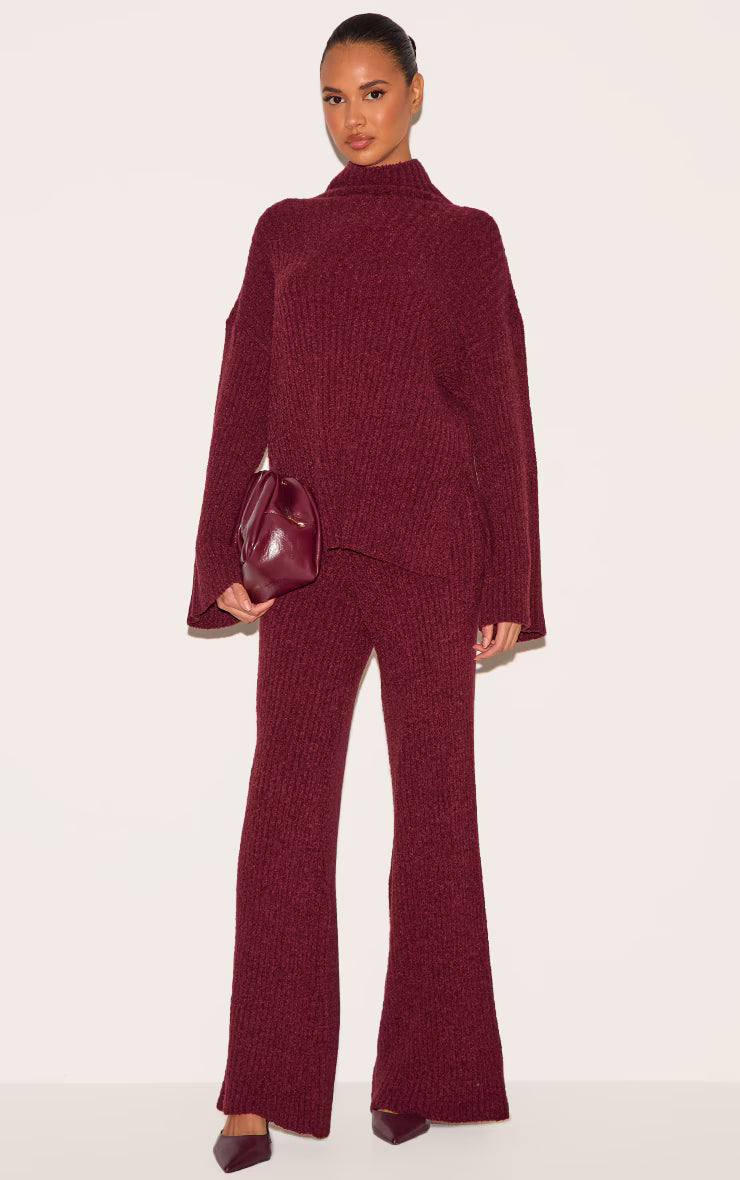 Burgundy Rib Boucle Knit Oversized Sweater