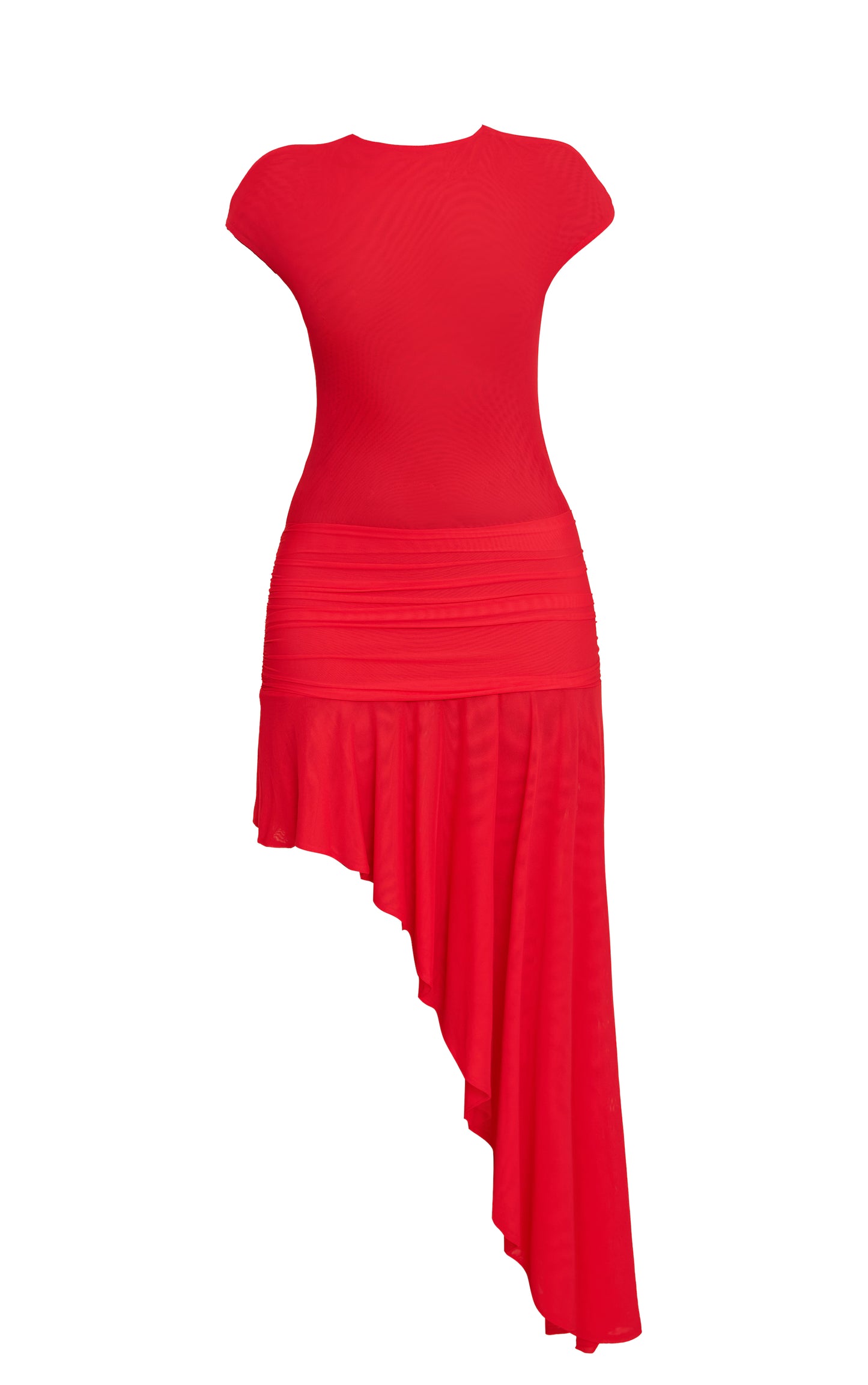 Red Double Mesh Ruched Waist Midi Dress