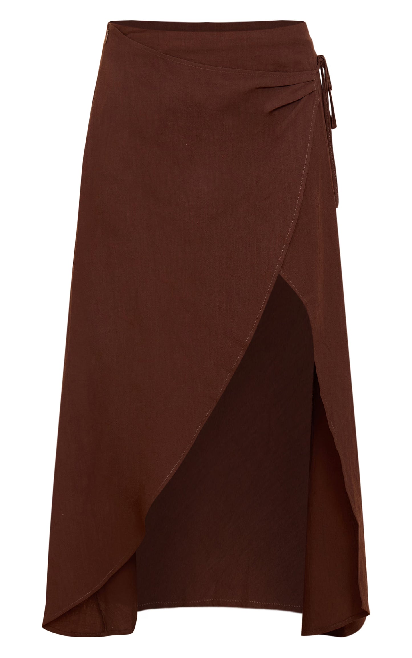 Dark Brown Linen Look Split Tie Midi Skirt