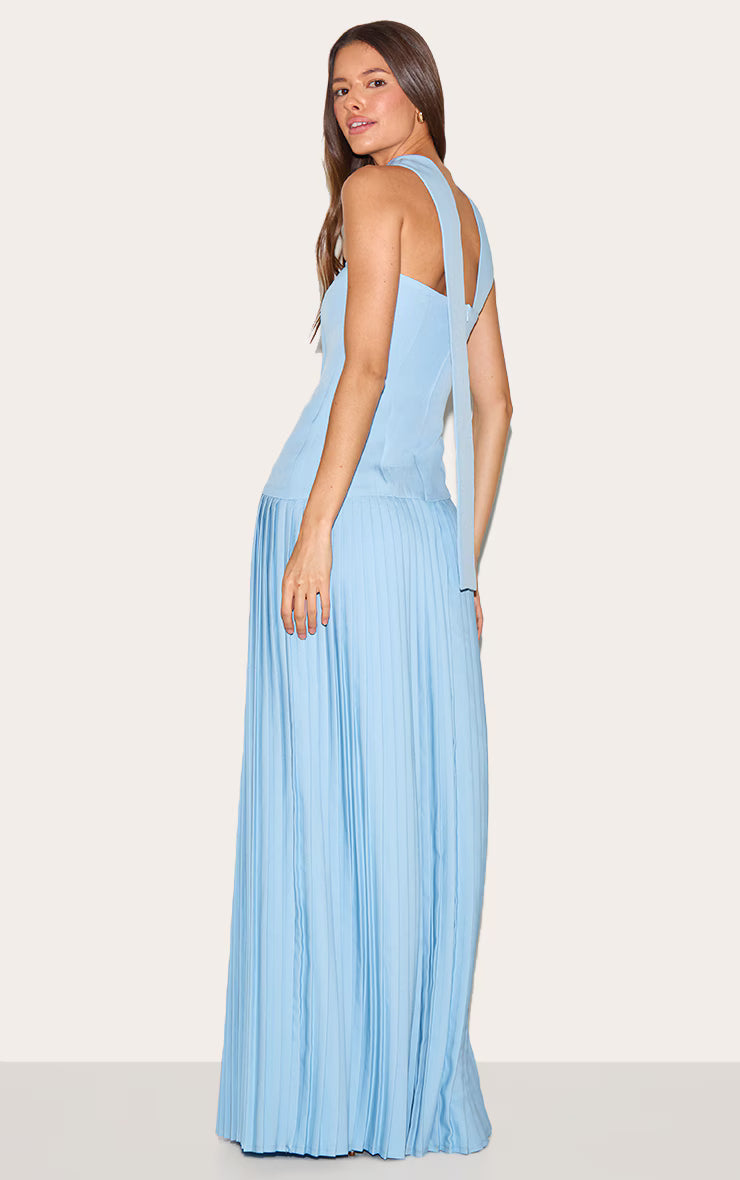 Pale Blue Woven Asymmetric Pleated Maxi Dress