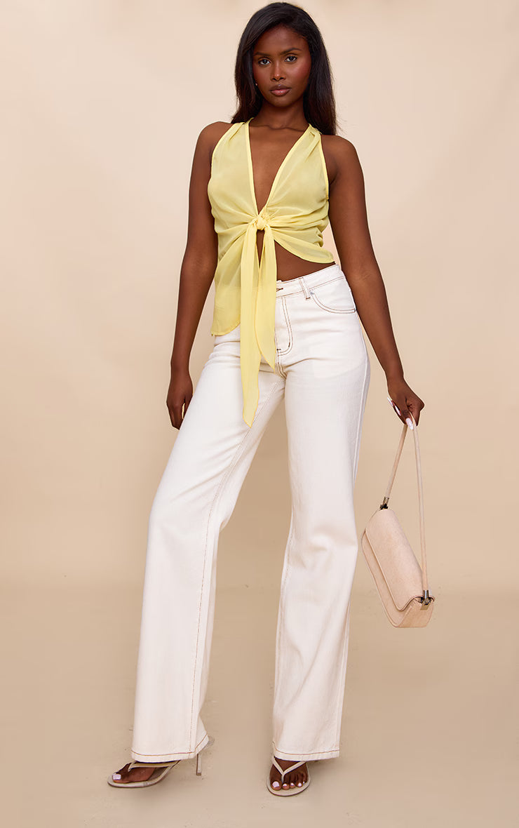 Yellow Drape Plunge Front Chiffon Long Top