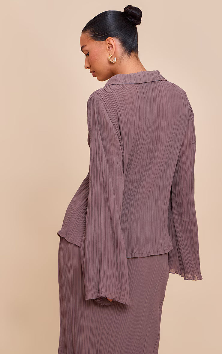 Mushroom Chiffon Plisse Sheer Shirt