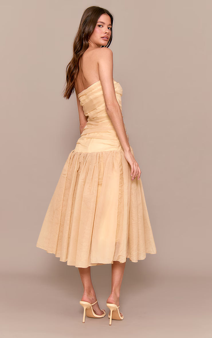 Yellow Organza Ruched Bodice Midi Dress