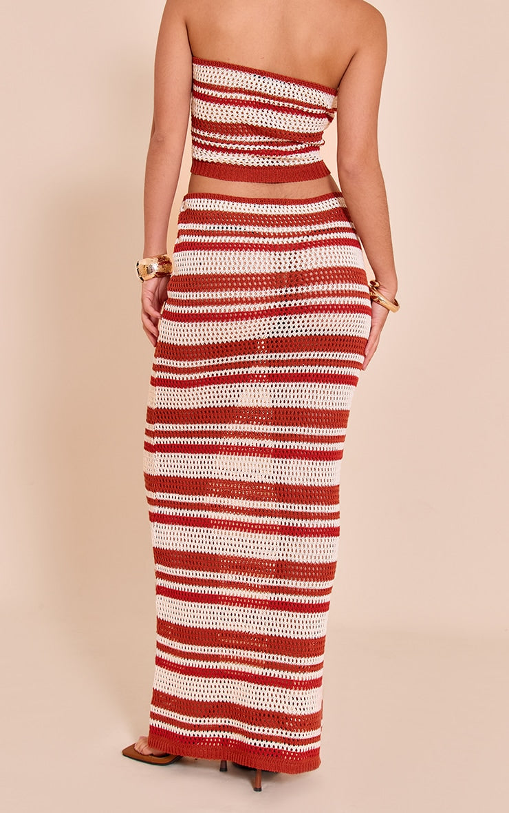 Rust Stripe Crochet Knitted Maxi Skirt