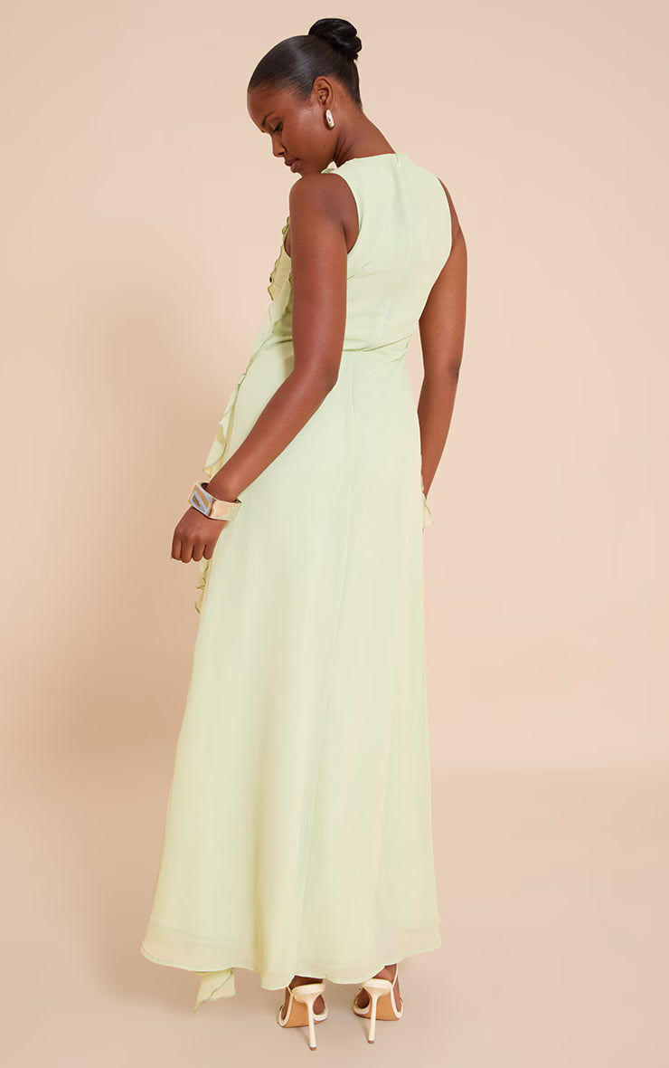 Sage Boat Neck Frill Detail Sleeveless Maxi Dress