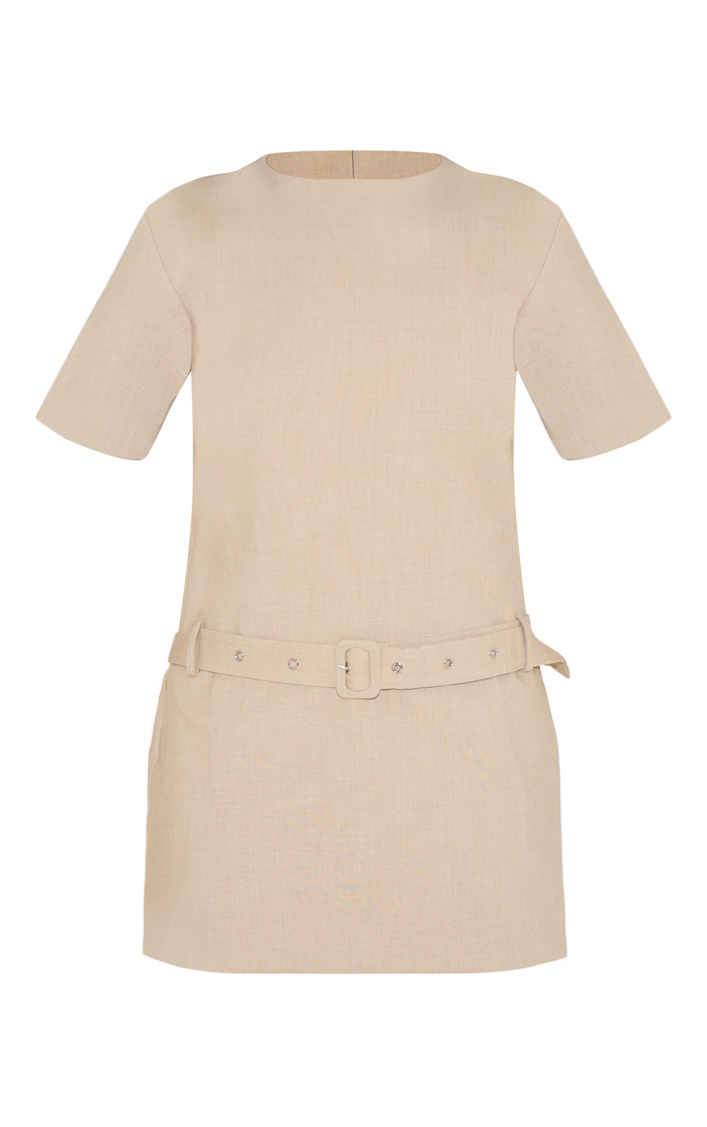 Stone Woven Oversized Short Sleeve Belted Mini Dress